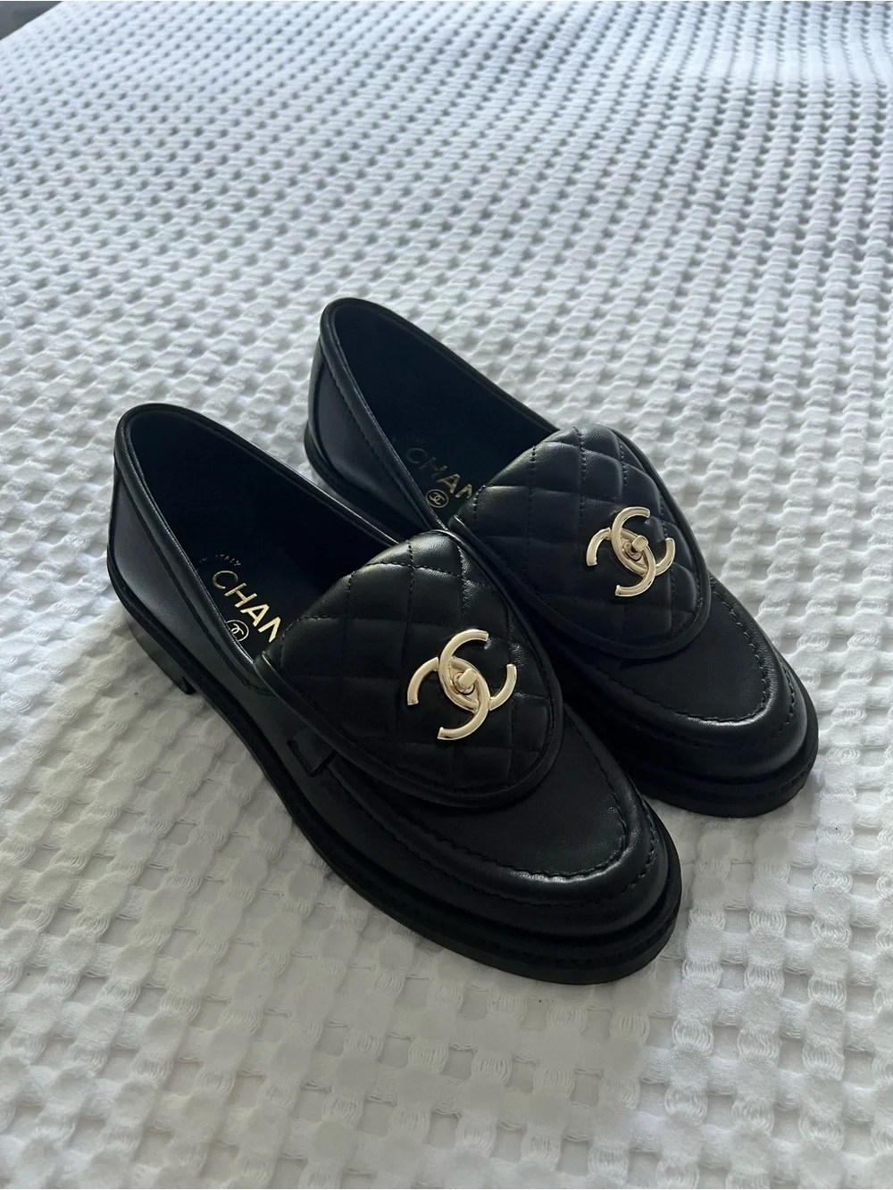CHANEL Black Quilted Lambskin CC Turnlock Loafers Moccasins